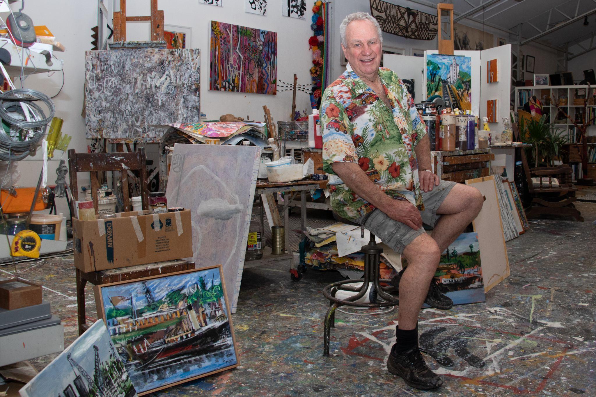 Peter amongst his paintings in his Leichhardt studio. Photograph: Orlando Sagar