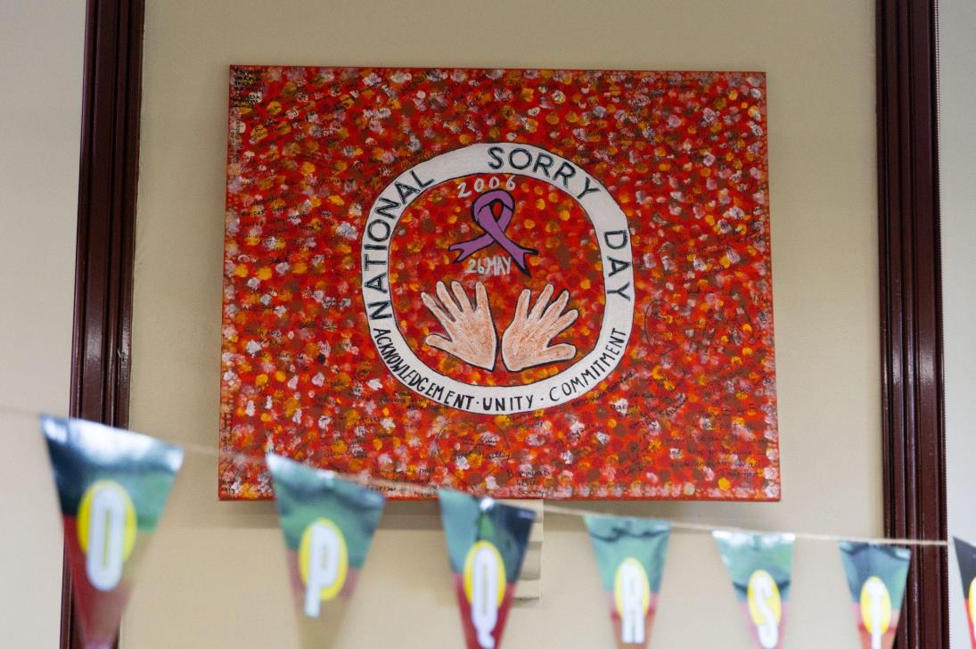 Aunty Kathryn Farrawell collaborated with students to create an artwork commemorating Sorry Day in 2006 for Glebe Public School. Photograph: Sarah Goff-Tunks
